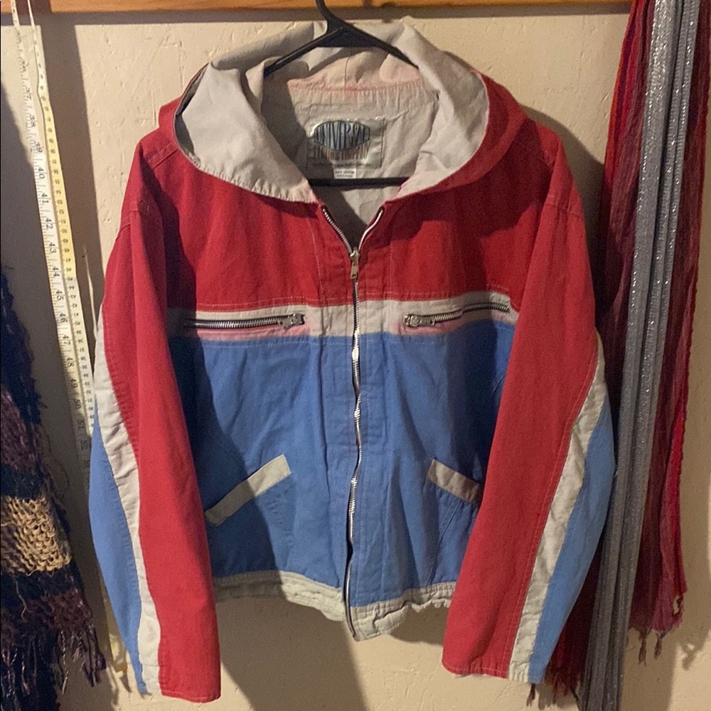 Sporty Red and Blue Bomber Jacket with Hood
